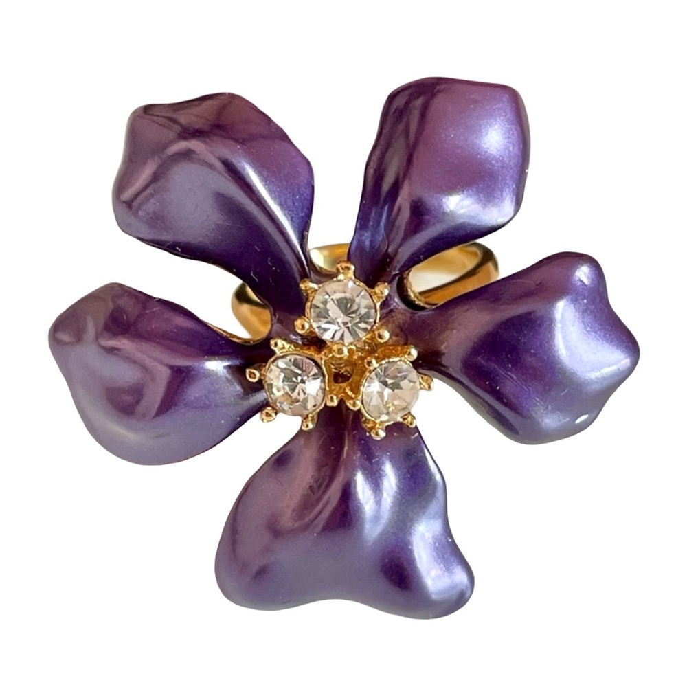 Vintage Signed KJL Large Purple Pansy Flower Ring With Swarovski Crystals Size 5